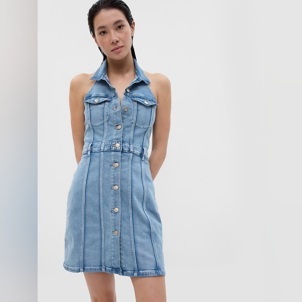 Button-Front Denim Halter Dress with Washwell